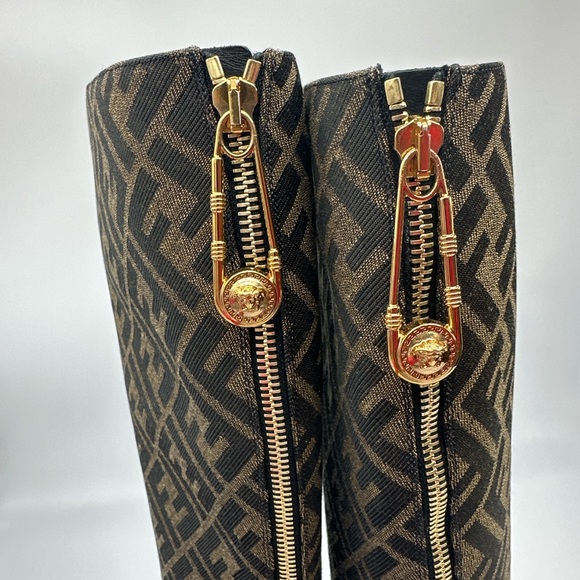 Fendi Brown Monogram Over-the-Knee Pointed Boots with Gold Medusa Medallion - Picture 4 of 7